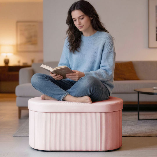 Collapsible Bench Stool With Storage Space Upholstered In Pink Velvet 76x38x35cm