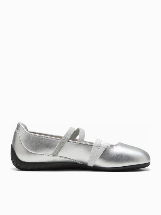 Speedcat Leather Women's Ballerina Shoes With Strap In Silver Colour