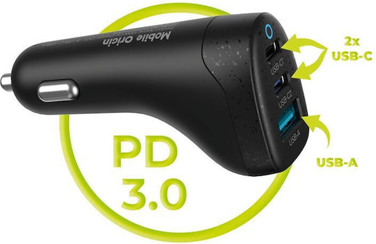 Mobile Origin Φορτιστής Αυτοκινήτου 100W Γρήγορης Φόρτισης με Θύρες: 1xUSB 2xType-C Μαύρο Χρώμα
