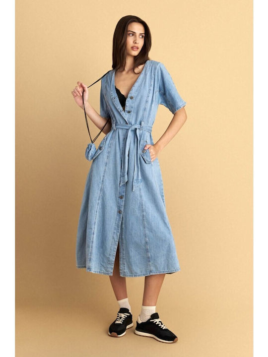 Καλοκαιρινό Midi Σεμιζιέ Φόρεμα Τζιν Light Blue