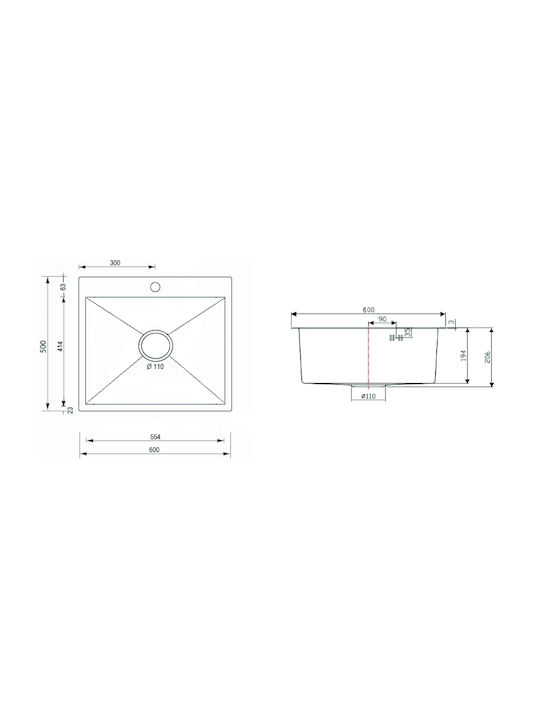 Sanitec Vessel Kitchen Sink Inox L60xW50cm Silver