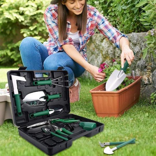 Set 10 Unelte de Grădină Alista Home Pentru Plantare Prelucrare Sol Îngrijire Plante Mânere Verzi PVC Material Oțel Inoxidabil Cutie Inclusă 37x28x7 Cm Negru