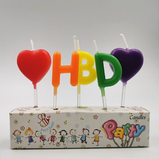 Set 5 Lumanări De Ziua De Naștere Model Inimă Litere Hbd 1.8 X 2.7 Cm Ceară Multicolor