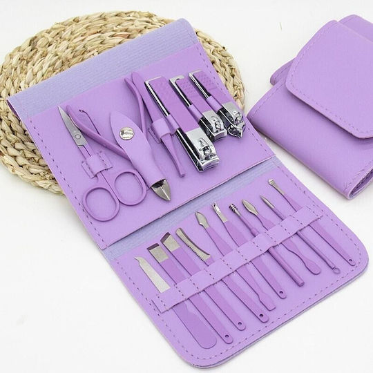 Set Cosmetic De Îngrijire 16 Piese Manichiură Pedichiură Față Include Geantă Organizator Din Piele Ecologică Mov