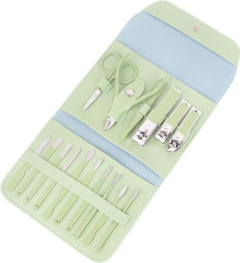 Set Cosmetic De Îngrijire 16 Piese Manichiură Pedichiură Față Include Geantă Organizator Din Eco-piele Verde