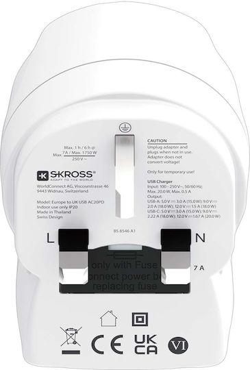 Skross United Kingdom Type G Travel Adapter Usb-a Usb-c 20w White