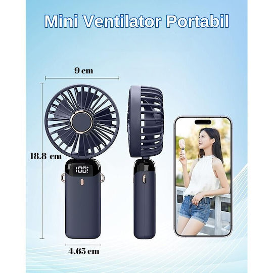 Ventilator Ultra Portabil Aromaterapie Alista Home 3 În 1 De Mână Birou Gât 5 Viteze Încărcare USB Durată Baterie 12h Ecran LCD Pliabil Albastru