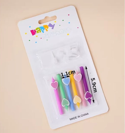 Set 6 Lumanări De Ziua De Naștere Model Creion Inimi 5.9 X 1.1 Cm Ceară Multicolor
