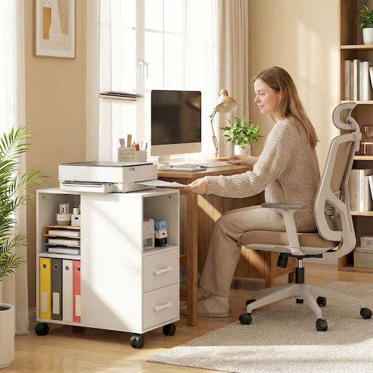 Στρογγυλό Βοηθητικό Τραπεζάκι Ξύλινο με Ρόδες και Συρτάρια Λευκό Μ60xΠ30xΥ65εκ.