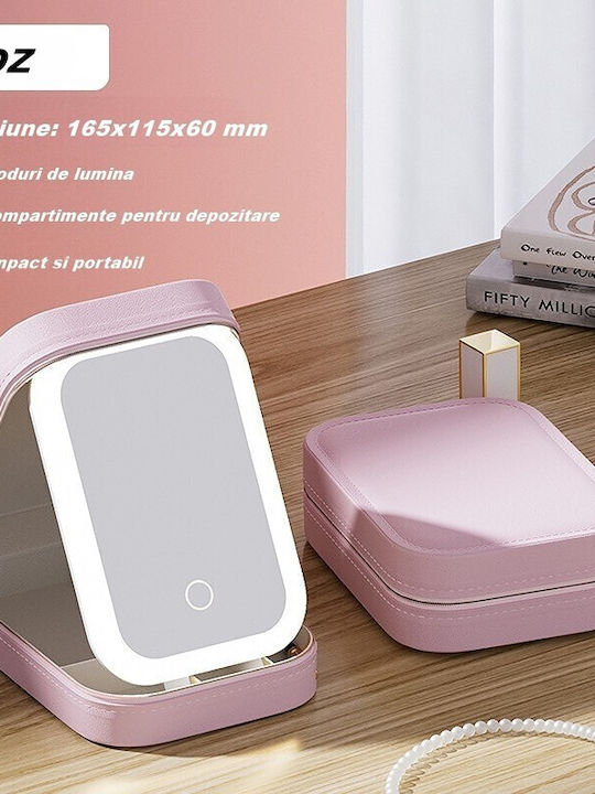 Neseser De Machiaj Alista Home Geantă Cosmetică Oglindă Led 3 Moduri De Lumină Încărcare Usb Baterie 1200 Mah Organizator De Cosmetice 4 Compartimente Piele Ecologică Roz 16.5x11.5x6 Cm