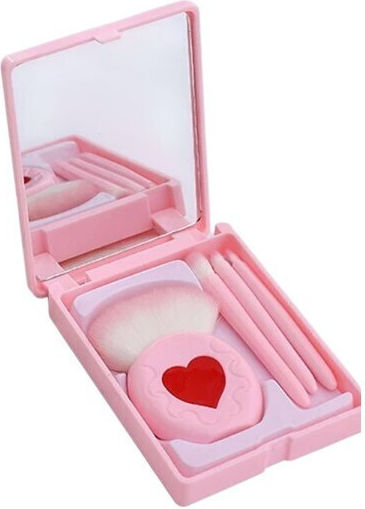 Set 4 Mini Makeup Brushes Alista Home Portable In Case Mirror Made Soft Synthetic Hair Pink Heart Design 12x7x2.5 Cm