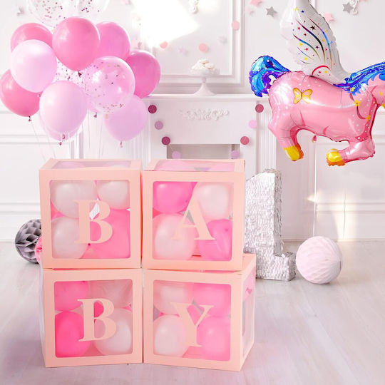 Set 4 Cutii Pentru Baloane Alista Home Baby Script Design Temă Dragoste Cuburi Decorative Din Plastic Accesorii Pentru Petreceri 30 X 30 Cm Contur Roz Transparent