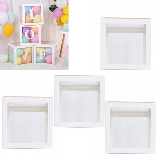 Set 4 Cutii Pentru Baloane Alista Home Model Simplu Tematică Zi De Naștere Cuburi Decorative Din Plastic Accesorii Pentru Petreceri Diverse 30 X 30 Cm Contur Alb Transparent