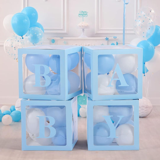 Set 4 Cutii Pentru Baloane Alista Home Baby Script Design Temă Dragoste Cuburi Decorative Din Plastic Accesorii Pentru Petreceri 30 X 30 Cm Contur Albastru Transparent