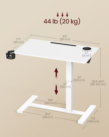 Birou de Calculatoare din Lemn Alb Cloud cu Picioare Metalice și Înălțime Reglabilă 80x45x65cm
