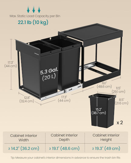 Songmics Coș De Gunoi De Reciclare Pentru Dulap Metalic 20lt Negru