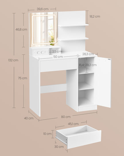 Bodenstehende Schminktisch Schlafzimmer Holz Weiß mit Spiegel 80x40x132,5cm