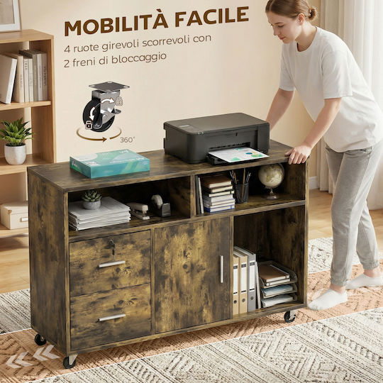 Cabinet De Birou Din Lemn Cu Roți Și Sertare Maro 100x35x65cm