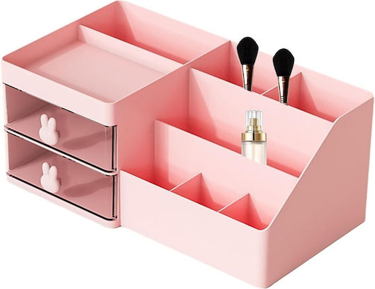 Cutie de Depozitare pentru Birou Alista Home Organizator pentru Machiaj și Papetărie Cosmetice 2 Sertare Compartimente Multiple Model Iepuraș Plastic 27.5x15.5x12 Cm Roz
