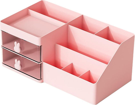 Cutie de Depozitare pentru Birou Alista Home Organizator pentru Machiaj și Papetărie Cosmetice 2 Sertare Compartimente Multiple Model Iepuraș Plastic 27.5x15.5x12 Cm Roz