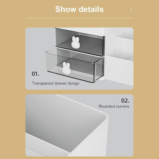Cutie de Depozitare pentru Birou Alista Home Organizator pentru Machiaj și Papetărie Cosmetice 2 Sertare Compartimente Multiple Model Iepuraș Plastic 27.5x15.5x12 cm Alb