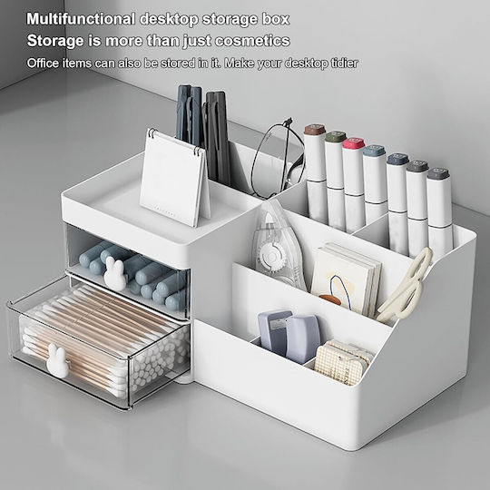 Cutie de Depozitare pentru Birou Alista Home Organizator pentru Machiaj și Papetărie Cosmetice 2 Sertare Compartimente Multiple Model Iepuraș Plastic 27.5x15.5x12 cm Alb