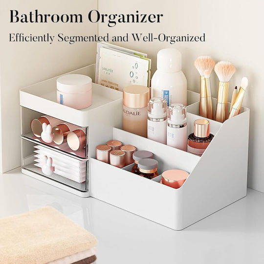 Cutie de Depozitare pentru Birou Alista Home Organizator pentru Machiaj și Papetărie Cosmetice 2 Sertare Compartimente Multiple Model Iepuraș Plastic 27.5x15.5x12 cm Alb
