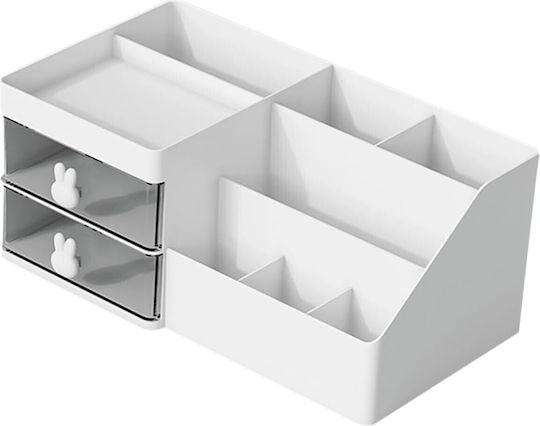 Cutie de Depozitare pentru Birou Alista Home Organizator pentru Machiaj și Papetărie Cosmetice 2 Sertare Compartimente Multiple Model Iepuraș Plastic 27.5x15.5x12 cm Alb