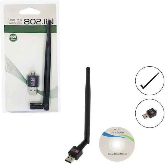 2.0 USB Network Adapter with Wireless Wi-Fi Connection 600Mbps and Detachable Antenna
