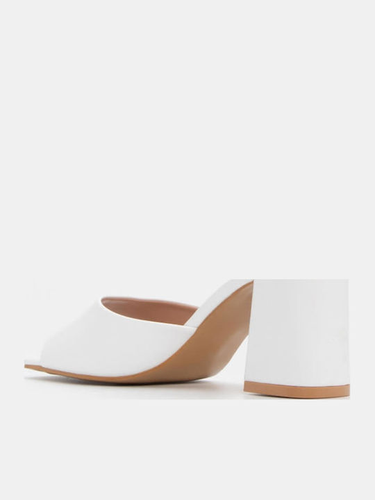 Women's Mules with Chunky High Heel in White Color