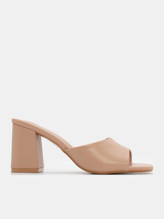 Women's Mules with Chunky High Heel in Beige Color