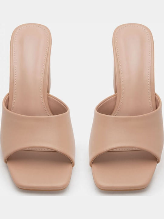 Women's Mules with Chunky High Heel in Beige Color