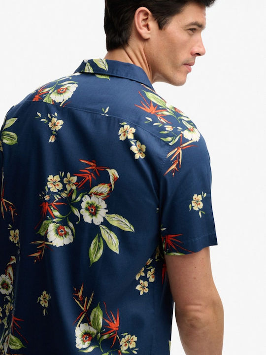 Kurzärmeliges Herrenhemd in Breite Linie Blumen Muster Blau