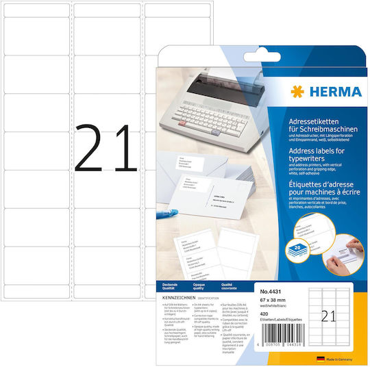 Herma 420 Αυτοκόλλητες Ετικέτες Α4 Ορθογώνιες Address Labels Typewriters A4 67x38mm