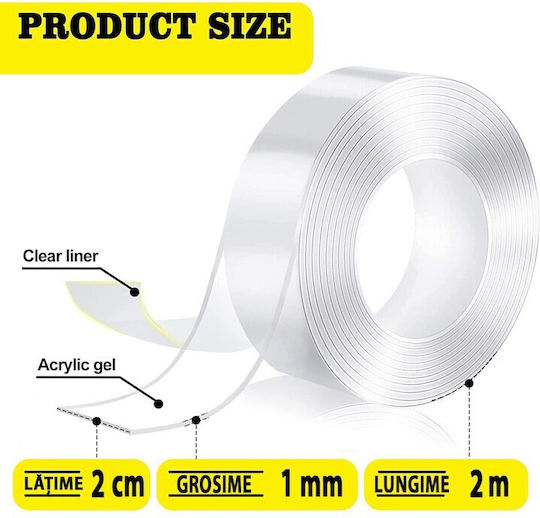 Bandă Dublă Adezivă Alista Home Transparentă Impermeabilă Reutilizabilă Tehnologie Nano 20mm X 1mm X 2m Fără Reziduuri