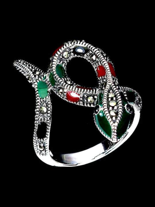 925 Stunning Silver Enamel Natural Marcasite Ring Size 14 Snake