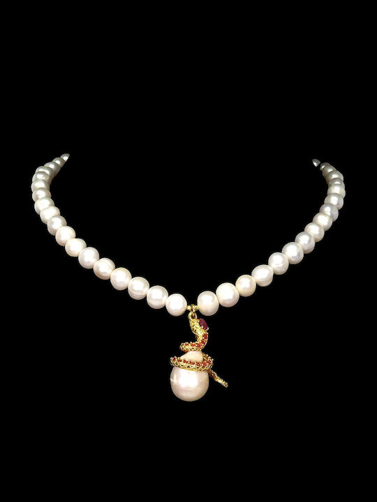 Stunning Snake Necklace Rubies Pearls 925 Silver Natural