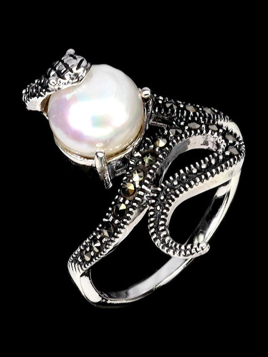 925 Stunning Silver Ring Natural Marcasites Pearl Size 15 Snake