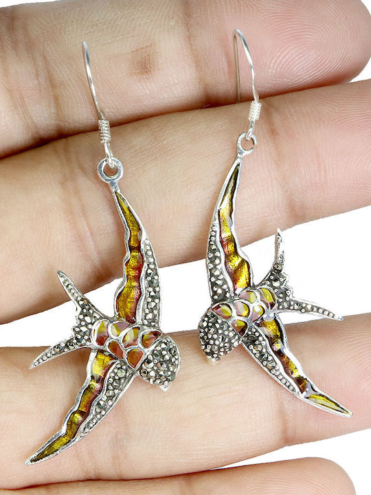 Silver 925 Enamelled Earrings Natural Marcasite Swallow Bird 2