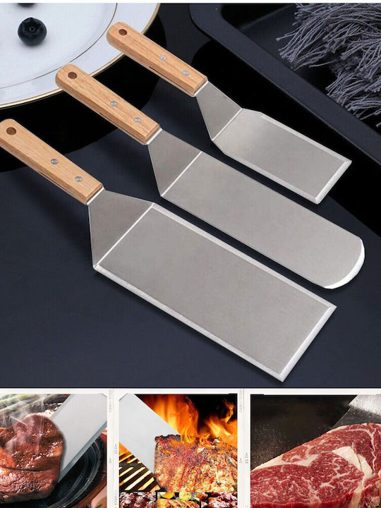 Set 3 Alista Home Metal Grill Spatulas Thin Edges Non-stick Surface Heat Resistant Ergonomic Wooden Handle 3 Shapes Hanger Gray
