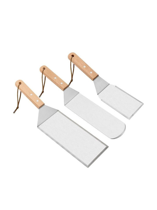 Set 3 Spatule Metalice Pentru Grătar Alista Home Margini Subțiri Suprafață Antiaderentă Rezistente La Căldură Mâner Ergonomic Din Lemn 3 Forme Agățătoare Gri