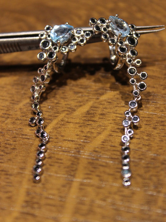 5 Silver Delicate Dangling Earrings Natural Sky Blue Topazes Black Spinels
