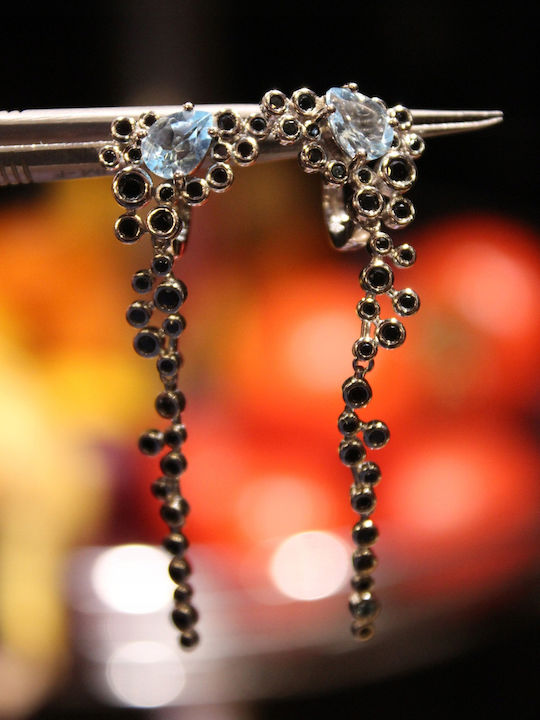 5 Silver Delicate Dangling Earrings Natural Sky Blue Topazes Black Spinels