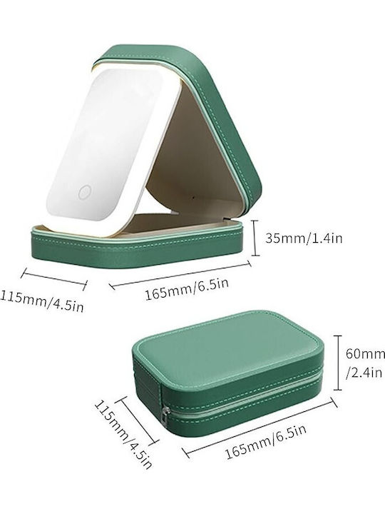 Neseser De Machiaj Alista Home Geantă Cosmetică Oglindă Led 3 Moduri De Lumină Încărcare Usb Baterie 1200 Mah Organizator Cosmetice 4 Compartimente Piele Ecologică Verde 16.5x11.5x6 Cm