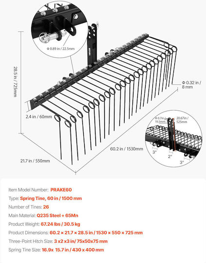 Vevor Adjustable 150 Cm Agricultural 3 Point Tractor Rake Category 1 26 Copper Spring Teeth Zxscj60inchbp8sl7001v0