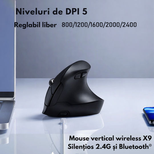 Qova Ασύρματο Εργονομικό Bluetooth Vertical Ποντίκι Μαύρο
