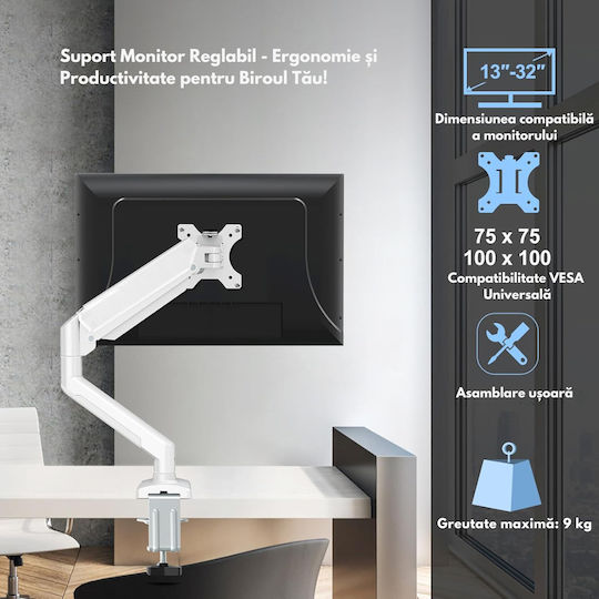Bază de Birou pentru Monitor până la 32" cu Braț Albă