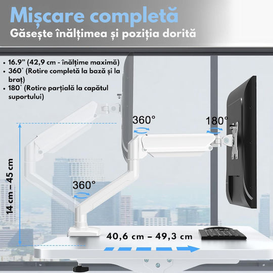 Bază de Birou pentru Monitor până la 32" cu Braț Albă