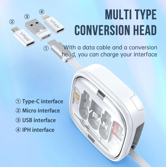 VFAN Retractable USB to Type-C / Lightning / micro USB Cable 3A White 1m
