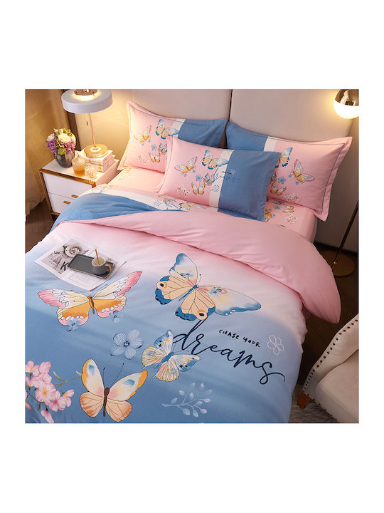 4 Seasons Collection Σετ Παπλωματοθήκη Φανελένια Υπέρδιπλη 220x240cm 2 Μαξιλαροθήκες & 1 Σεντόνι Ροζ Γαλάζιο